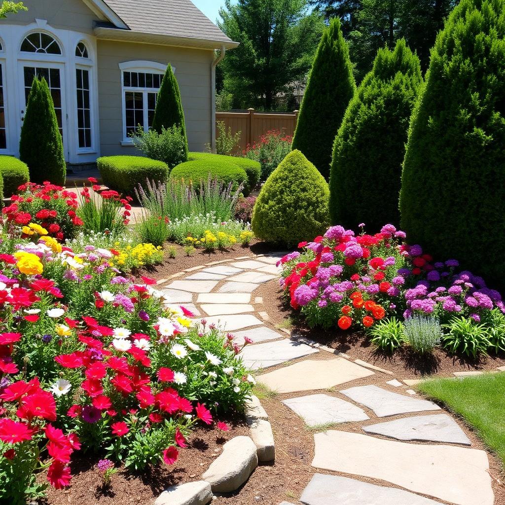 Colourful flower bed and stone path garden design