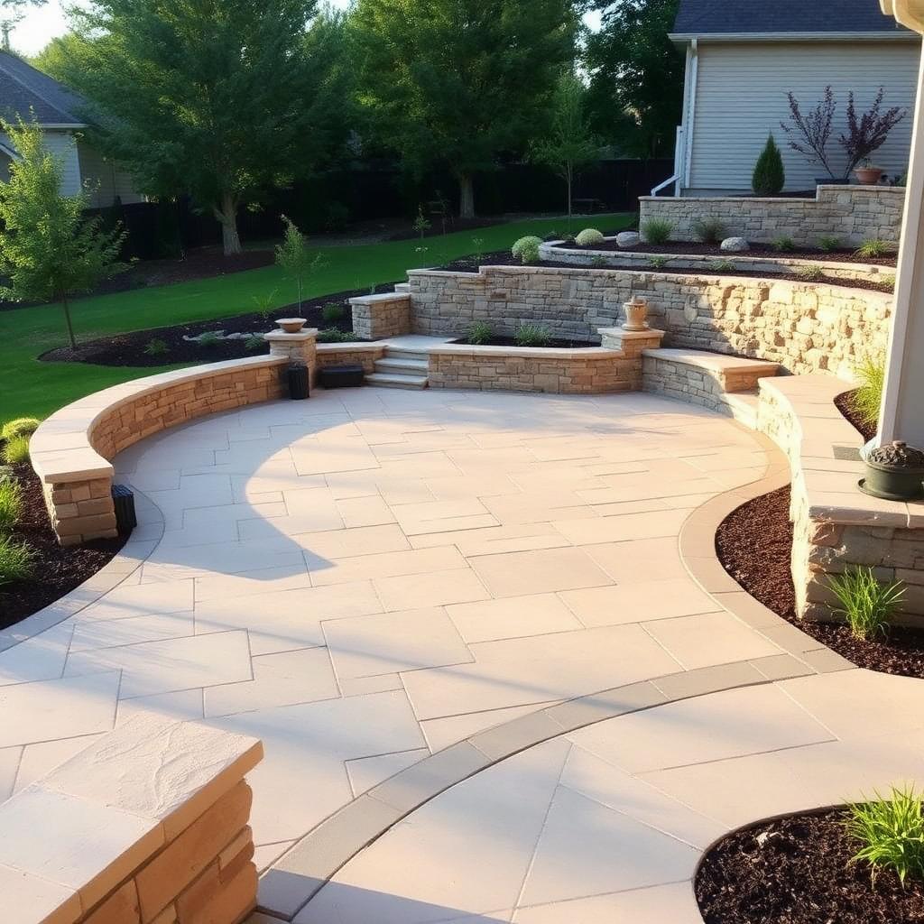 Stone paver patio with masonry retaining wall